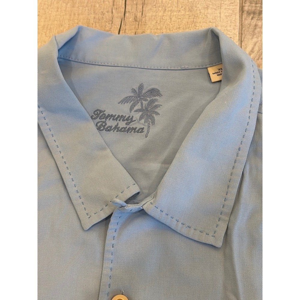 Tommy Bahama Mens XLT Light Blue 100% Silk Short Sleeve Camp Shirt Pick Stitch